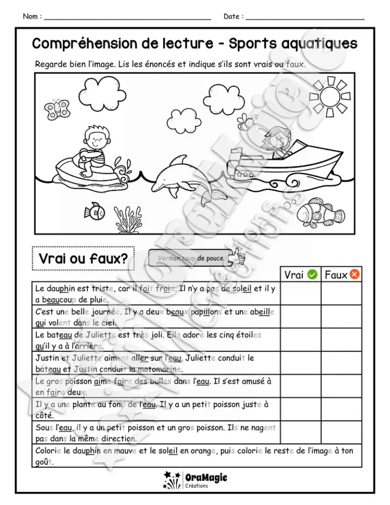 Compréhension de lecture - VRAI OU FAUX - Sports aquatiques