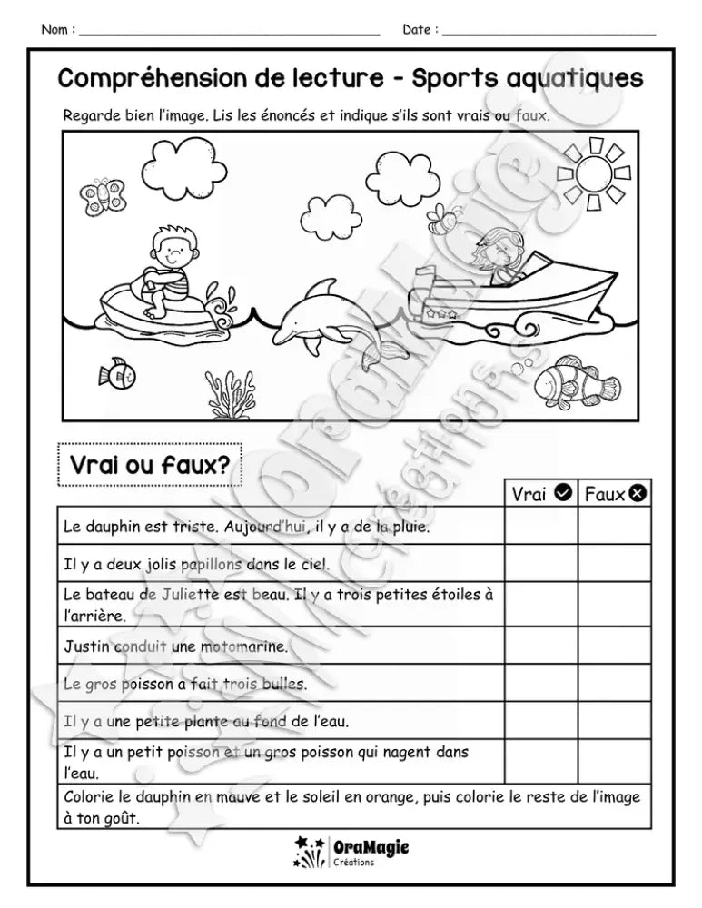 Compréhension de lecture - VRAI OU FAUX - Sports aquatiques - 1re année - 3$.pdf
