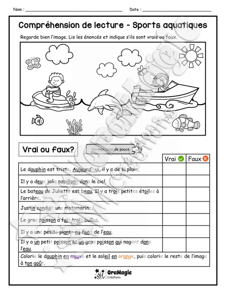 Compréhension de lecture - VRAI OU FAUX - Sports aquatiques