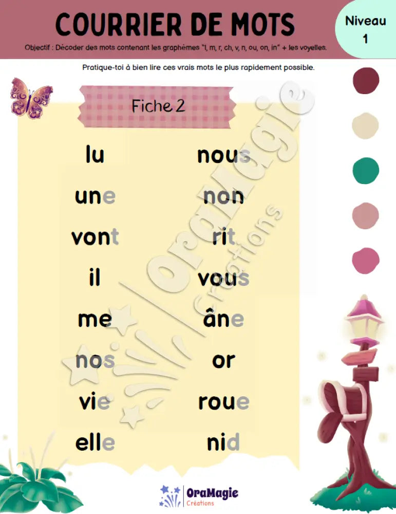 Courrier de mots - Décodage de vrais mots contenant l m r ch v n ou on in + voyelles - Produit numérique