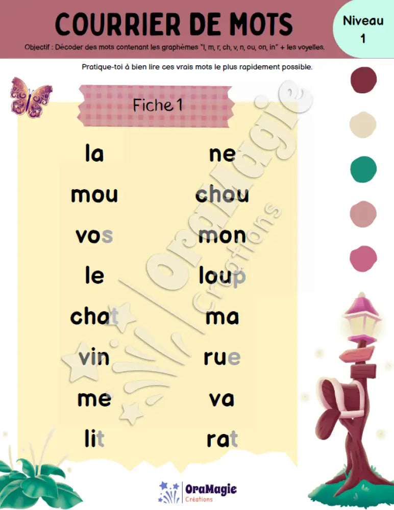 Courrier de mots - Décodage de vrais mots contenant l m r ch v n ou on in + voyelles - Produit numérique