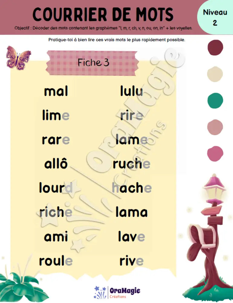 Courrier de mots - Décodage de vrais mots contenant l m r ch v n ou on in + voyelles - Produit numérique