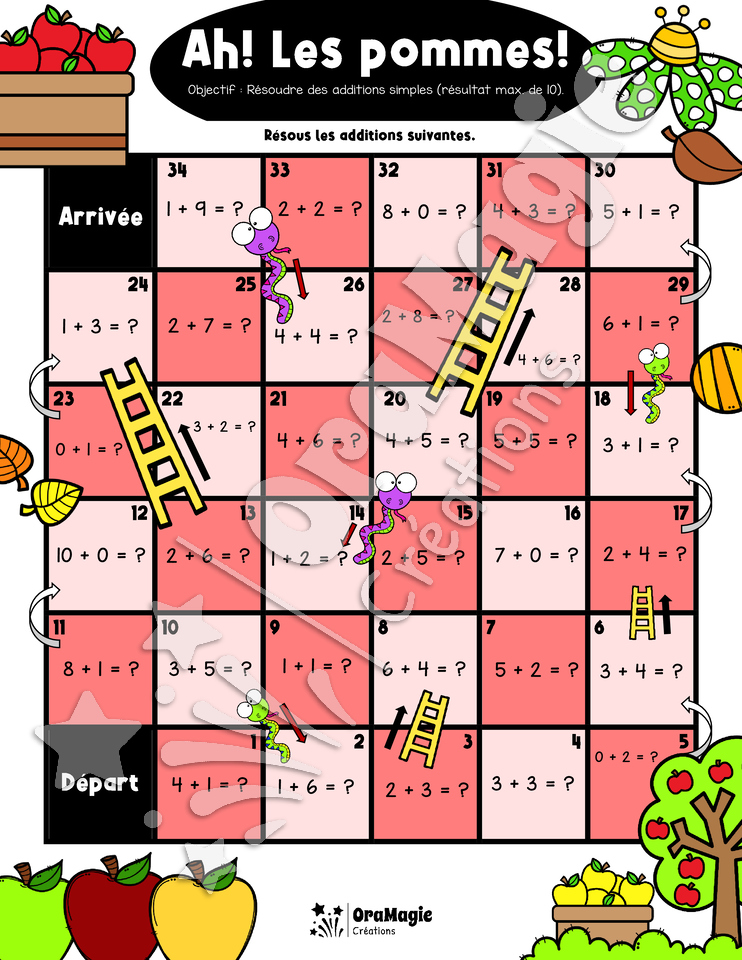 Ah! Les pommes! Serpents et échelles - Additions simples max 10 - 1re année.pdf
