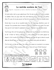 Compréhension de lecture et du récit 2e année - La rentrée scolaire de Yani.pdf