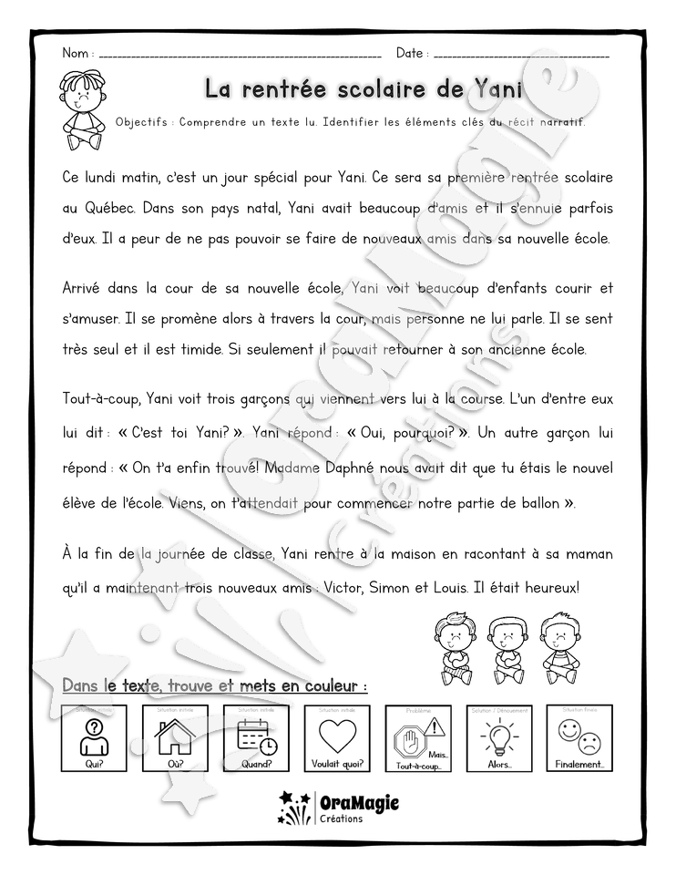 Compréhension de lecture et du récit 2e année - La rentrée scolaire de Yani.pdf