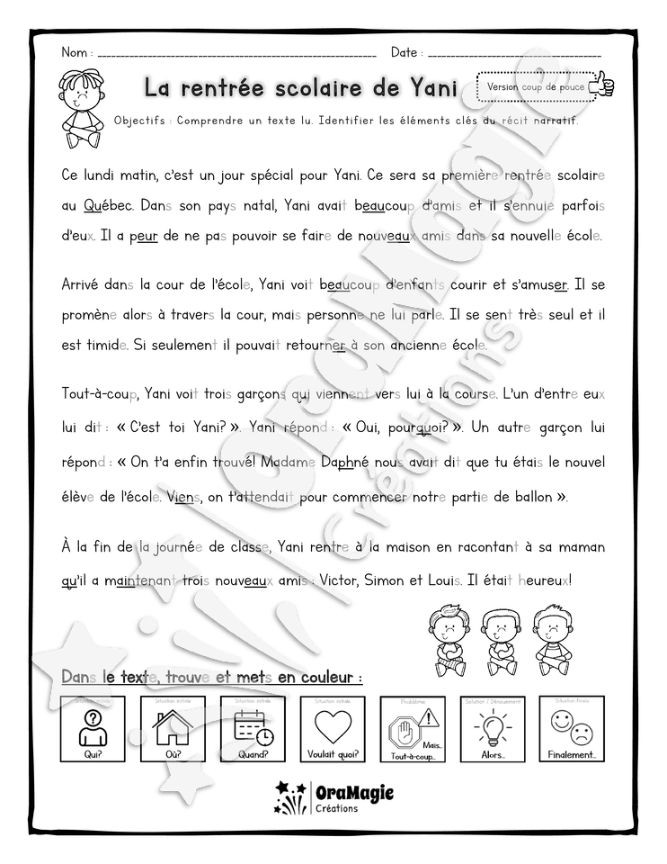Compréhension de lecture et du récit - La rentrée scolaire de Yani