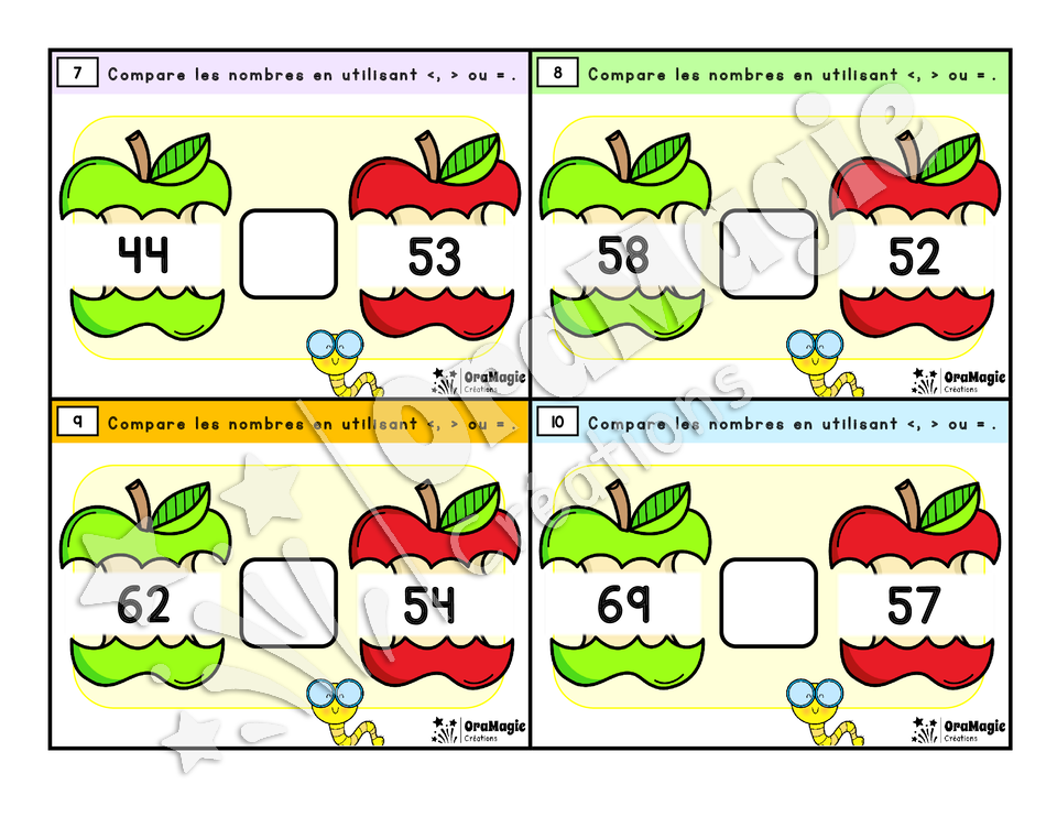 Cartes à tâches - Croque-pommes - Comparaison nombres entiers 1 à 200
