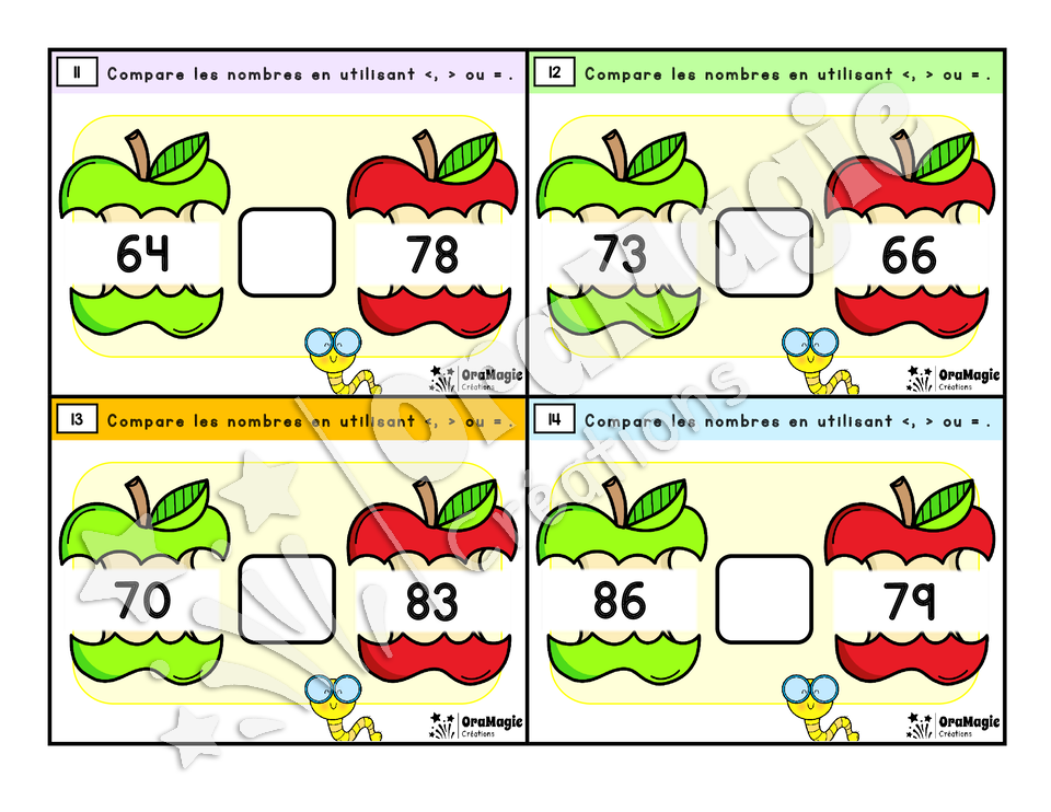 Cartes à tâches - Croque-pommes - Comparaison nombres entiers 1 à 200