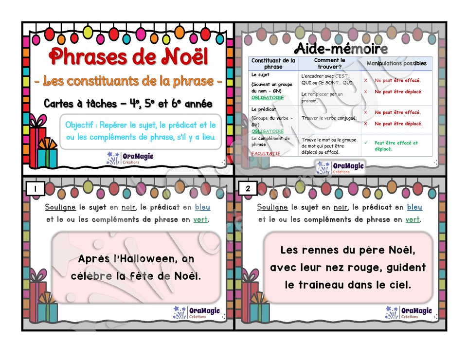 Cartes à tâches - Phrases de Noël - Repérer les constituants de la phrase - 4e, 5e et 6e année - 5$.pdf