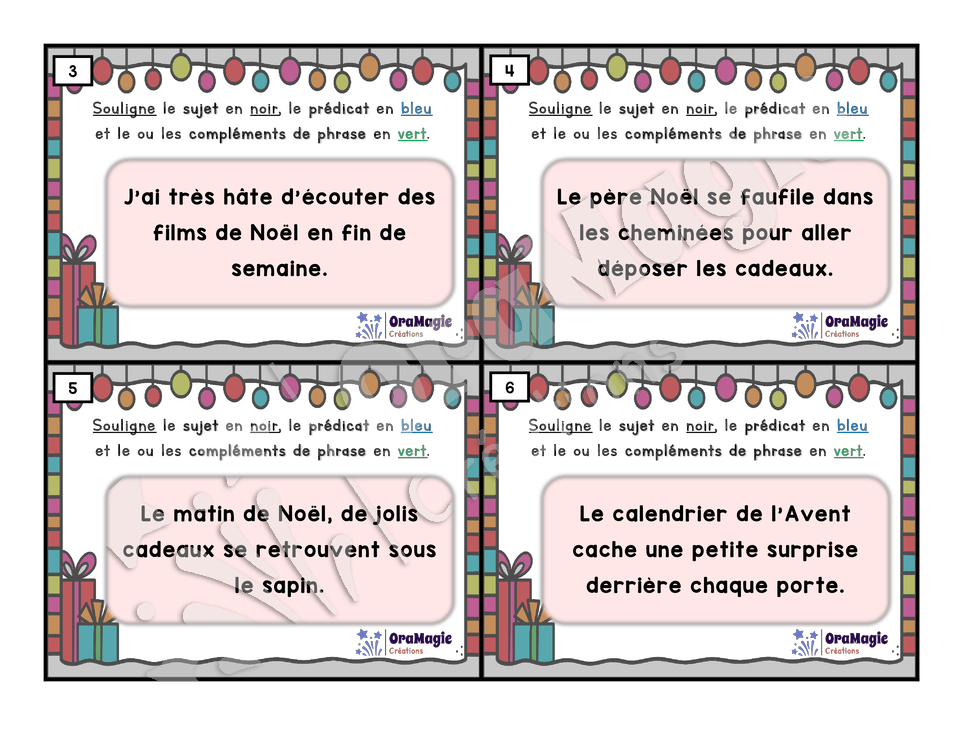 Cartes à tâches - Phrases de Noël - Repérer les constituants de la phrase