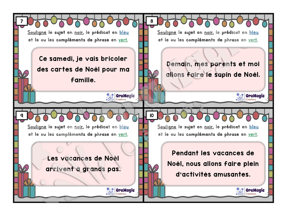 Cartes à tâches - Phrases de Noël - Repérer les constituants de la phrase