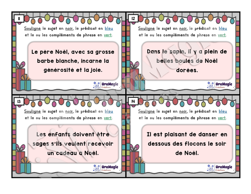 Cartes à tâches - Phrases de Noël - Repérer les constituants de la phrase