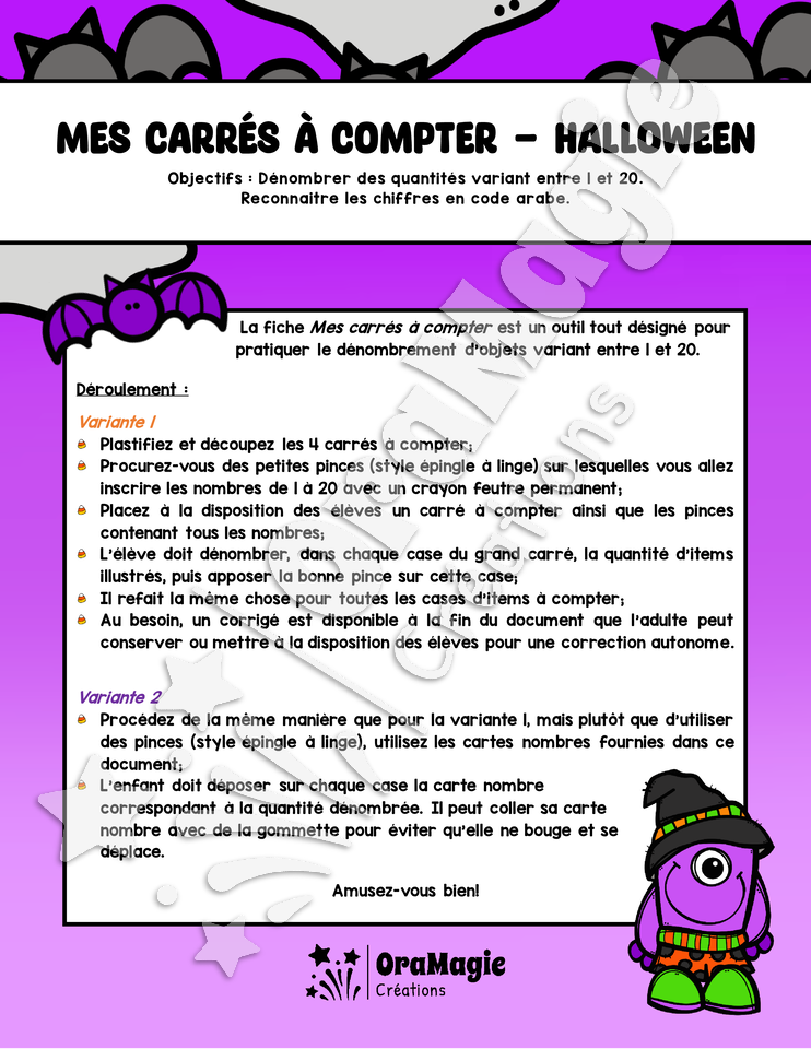 Mes carrés à compter - Halloween - Dénombrement 1-10 et 1-20 - Présco et 1re année - 4$.pdf