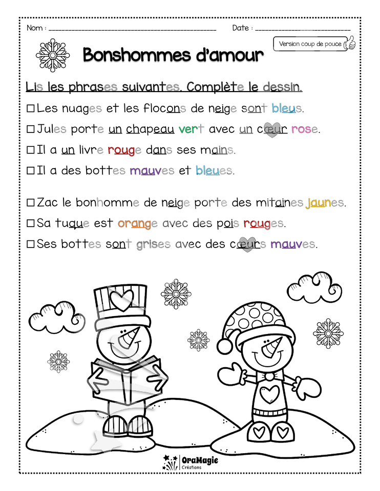 Compréhension de lecture - Lis et colorie - St-Valentin - Bonhommes d'amour