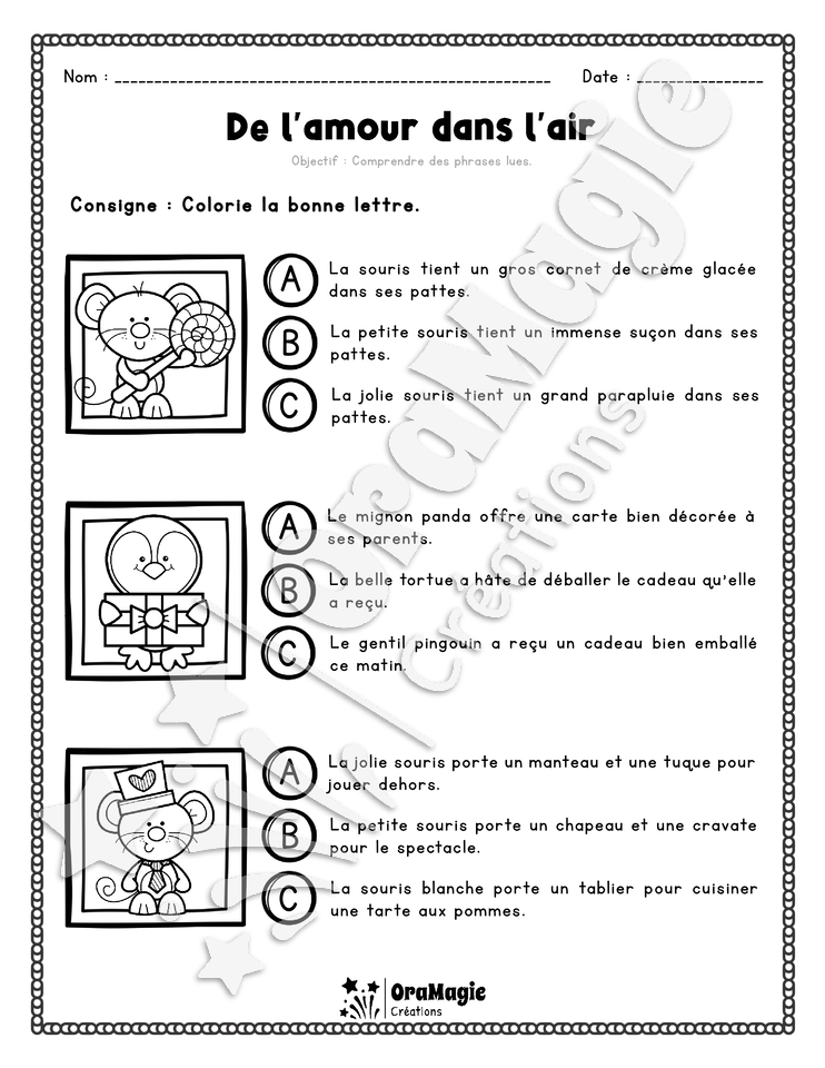 Compréhension de lecture - Trouve la bonne phrase - De l'amour dans l'air - 2e année.pdf