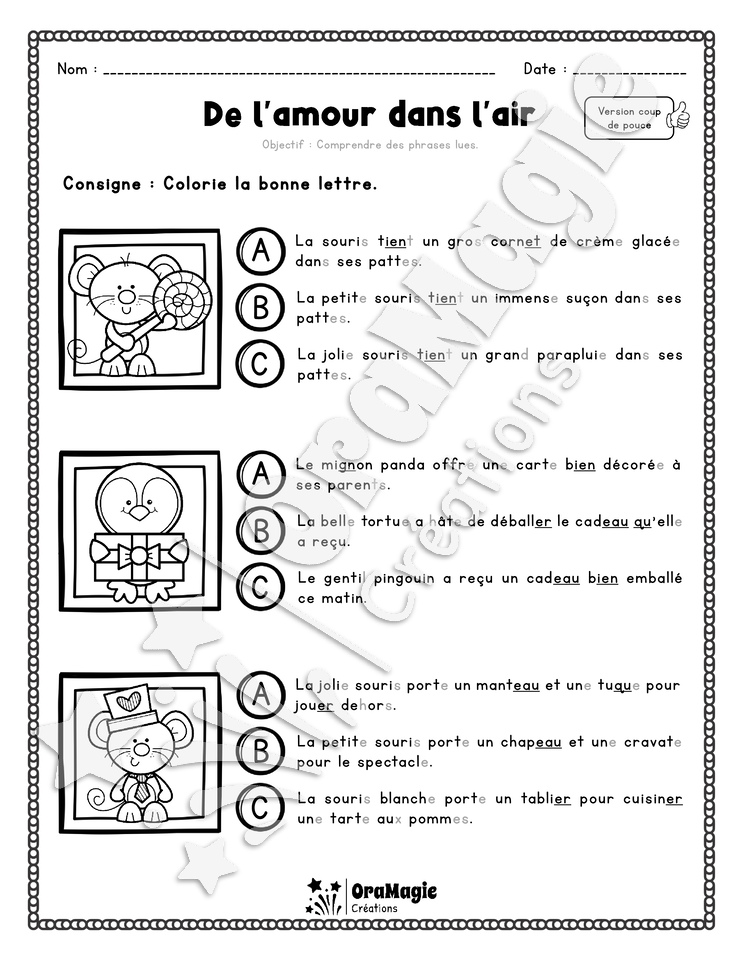 Compréhension de lecture - Trouve la bonne phrase - De l'amour dans l'air - 2e année