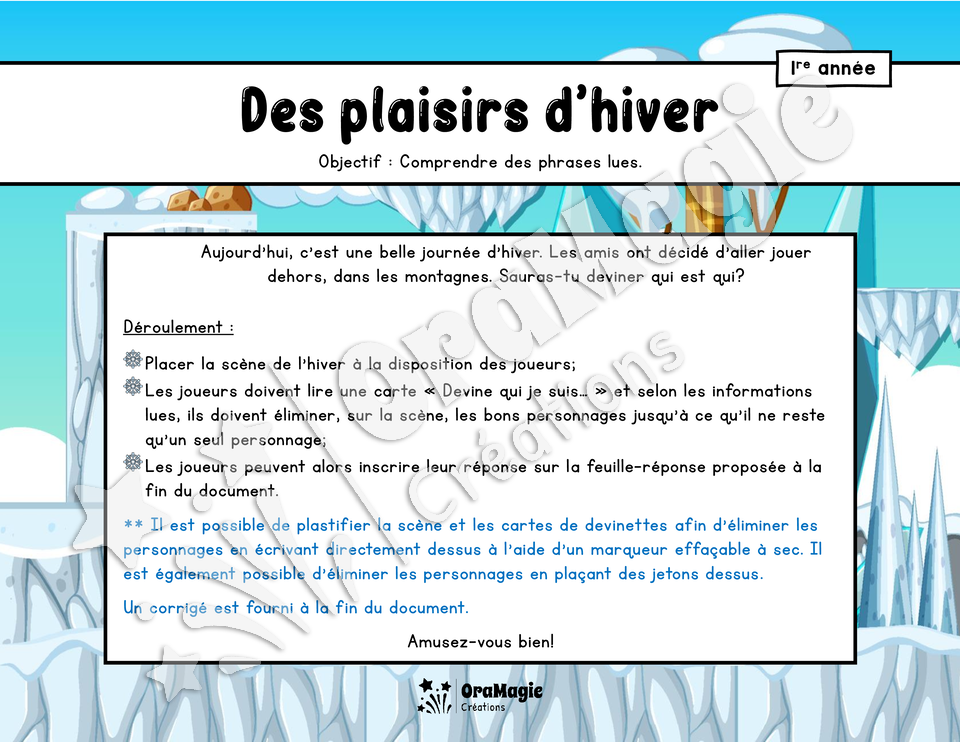 Des plaisirs d'hiver - Compréhension de lecture - 1re année.pdf