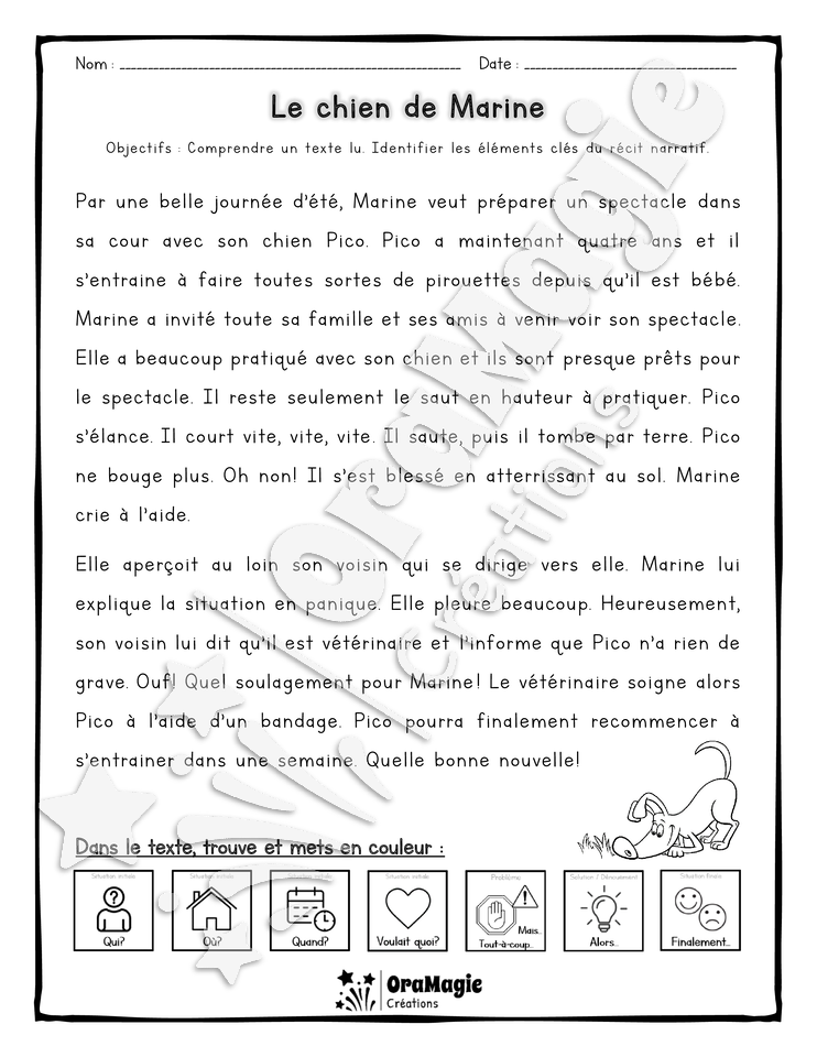Compréhension de lecture et du récit 2e année - Le chien de Marine.pdf
