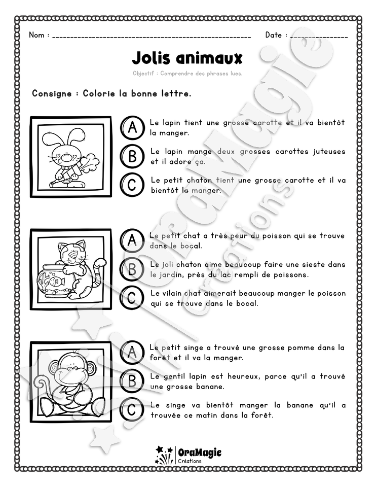 Compréhension de lecture - Trouve la bonne phrase - Jolis animaux - 2e année.pdf
