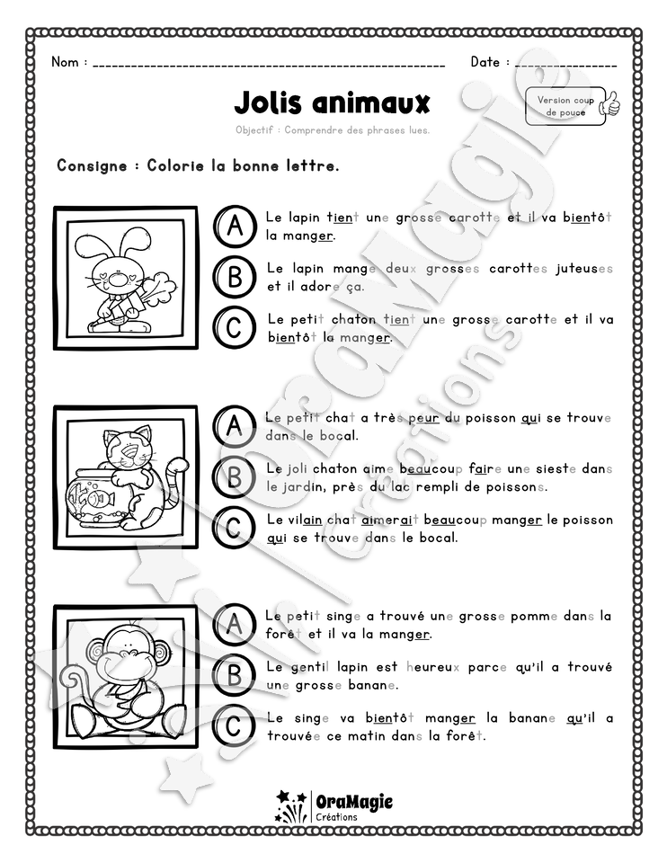 Compréhension de lecture - Trouve la bonne phrase - Jolis animaux