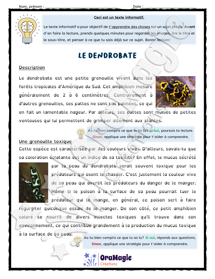 Compréhension de texte - Le dendrobate