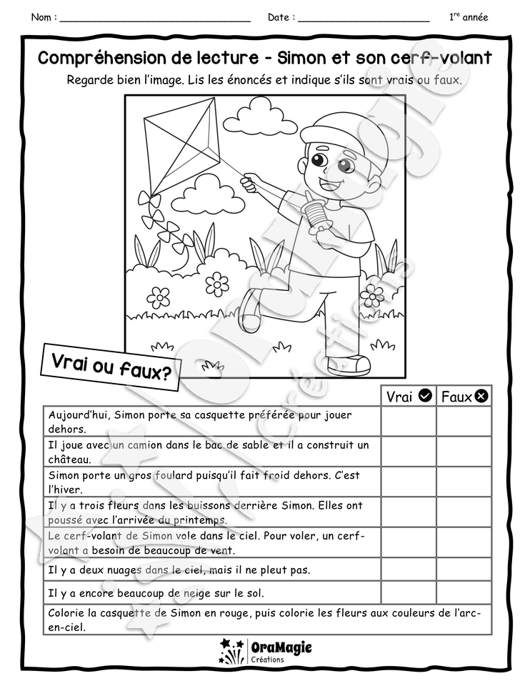 Compréhension de lecture - VRAI OU FAUX - Simon et son cerf-volant.pdf