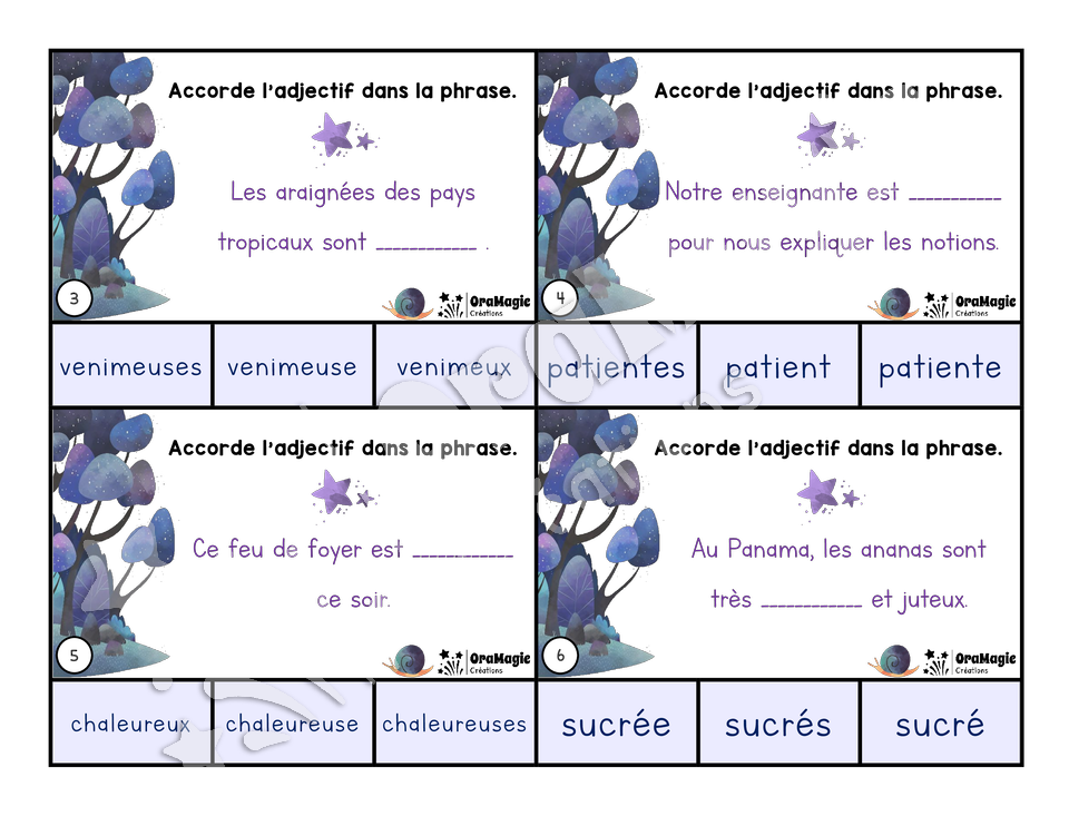 Cartes à tâches - La forêt magique des adjectifs - Accord de l'adjectif suivant le verbe être
