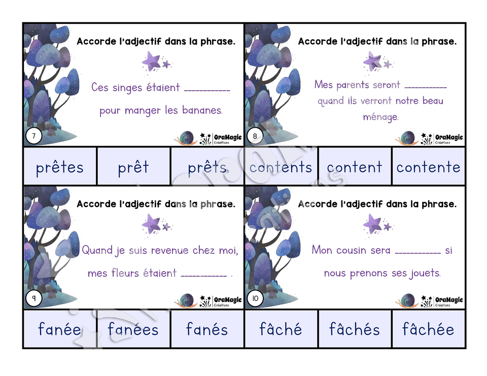 Cartes à tâches - La forêt magique des adjectifs - Accord de l'adjectif suivant le verbe être
