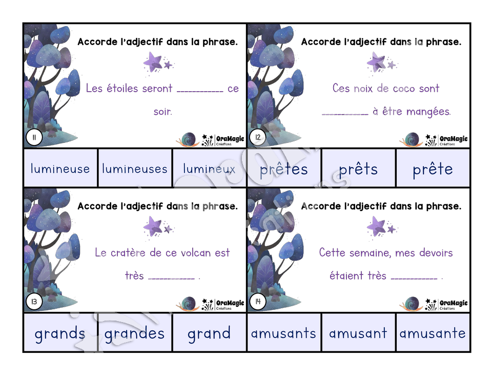 Cartes à tâches - La forêt magique des adjectifs - Accord de l'adjectif suivant le verbe être