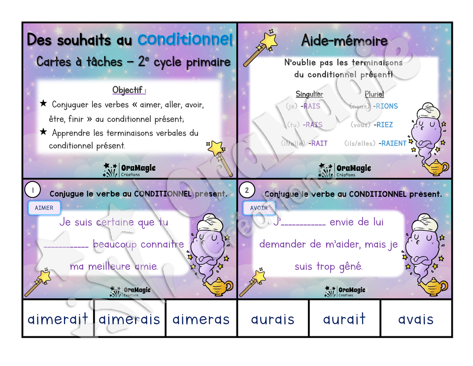 Cartes à tâches - Des souhaits au conditionnel - Verbes être, aller, avoir, finir, aimer au conditionnel - 2e cycle primaire.pdf