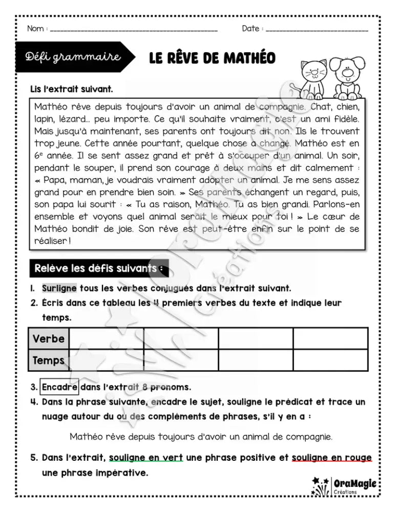 Défi grammaire: Le rêve de Matho 5e et 6e année - Produit numérique