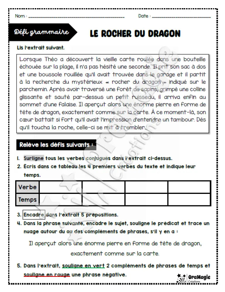Défi grammaire - Le rocher du dragon - 5e et 6e année - Produit numérique