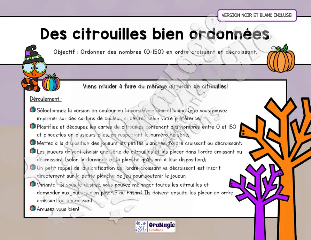 Des citrouilles bien ordonnées - Atelier 2e année - Halloween - Ordre croissant vs décroissant - NB incluse - 3$.pdf