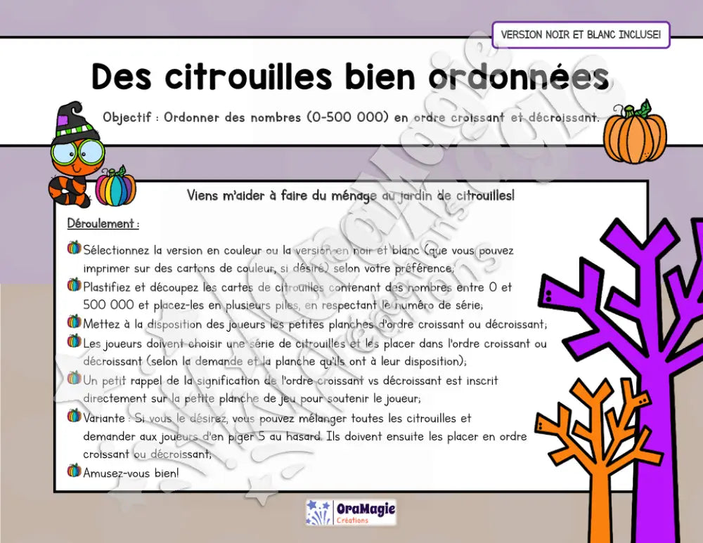 Des citrouilles bien ordonnées - Atelier 4e année - Halloween - Ordre croissant vs décroissant - NB incluse - 3$.pdf