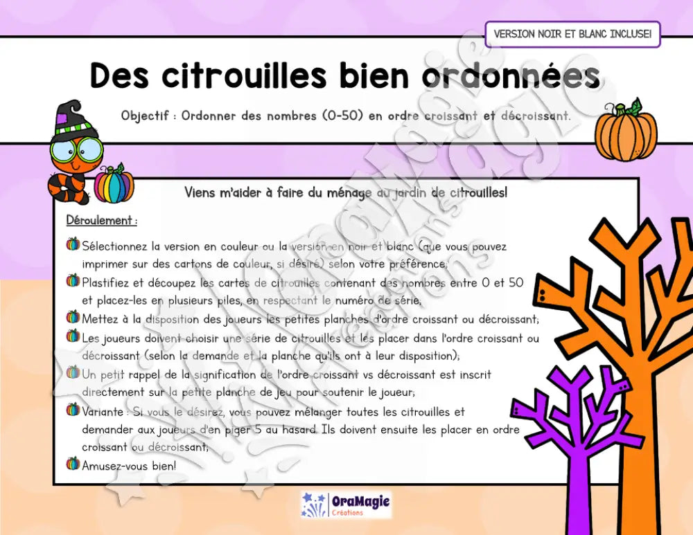 Des citrouilles bien ordonnées - Atelier 1re année - Halloween - Ordre croissant vs décroissant - NB incluse - 4$.pdf