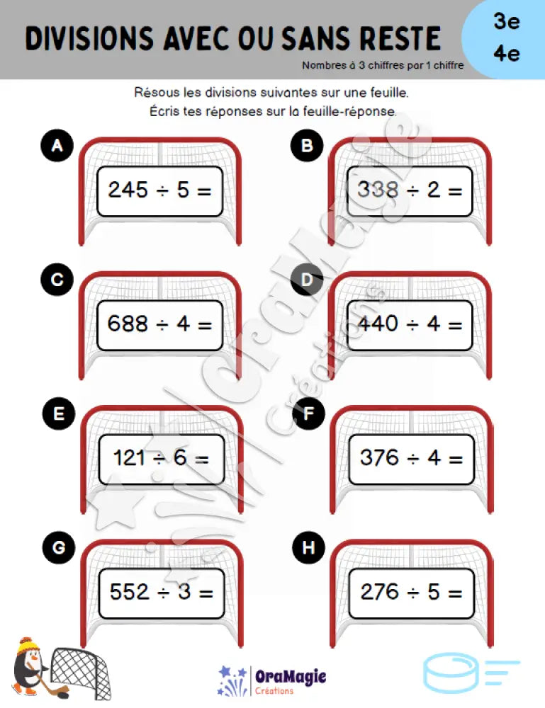Divisions (3 chiffres par 1 chiffre) Hockey - 3e et 4e années - Produit numérique