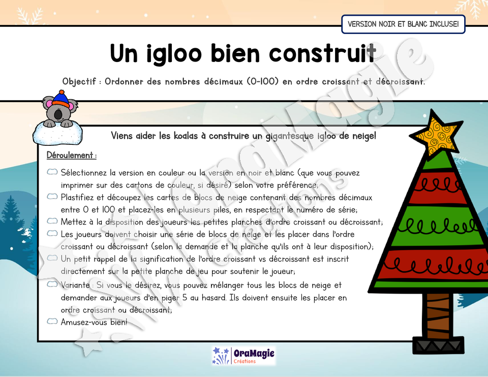 Un igloo bien construit - Atelier 3e année - Noël - Ordre croissant vs décroissant - Nombres décimaux - NB incluse - 3$.pdf