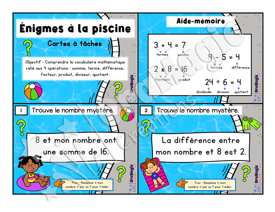 Cartes à tâches - Énigmes à la piscine - Rééducation math - vocabulaire math - 5$.pdf