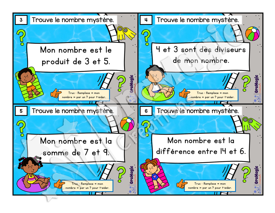 Cartes à tâches - Énigmes à la piscine - Vocabulaire mathématique
