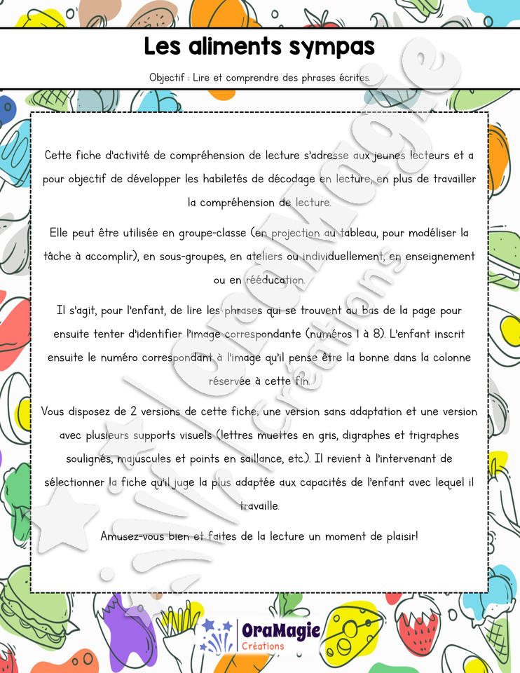 Compréhension de lecture - Les aliments sympas - 1re année.pdf