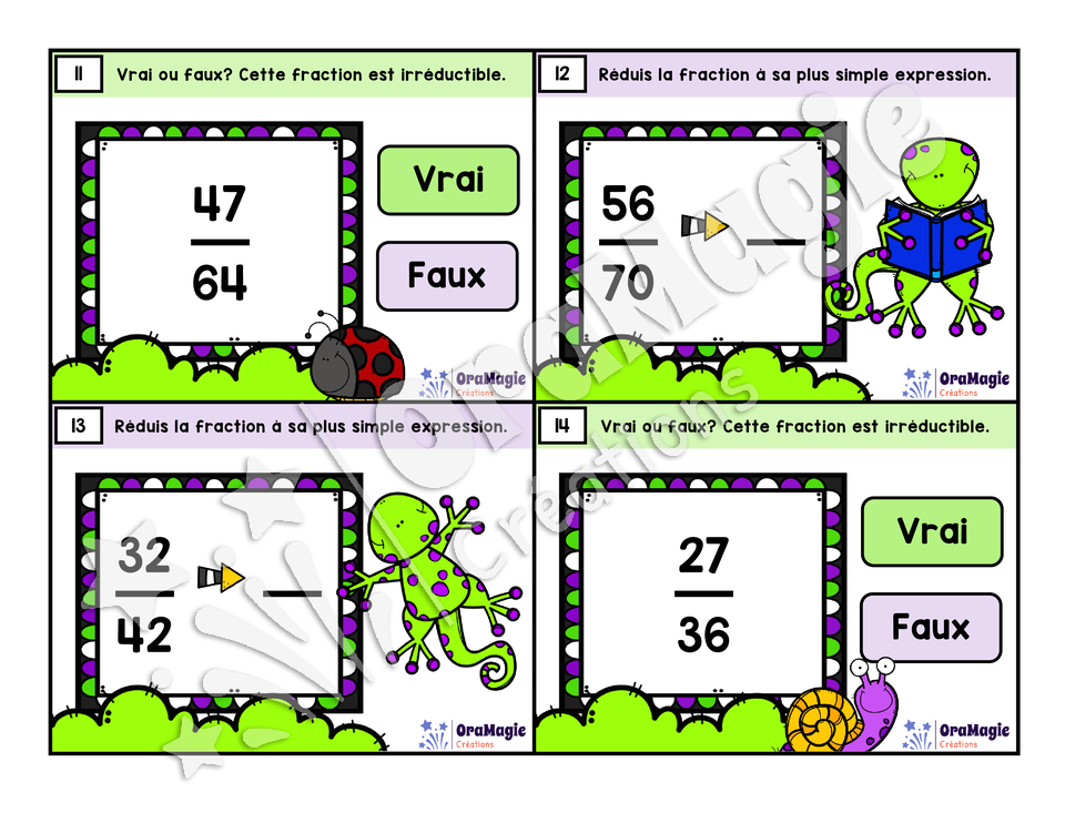 Cartes à tâches - Les fractions minis-lézards