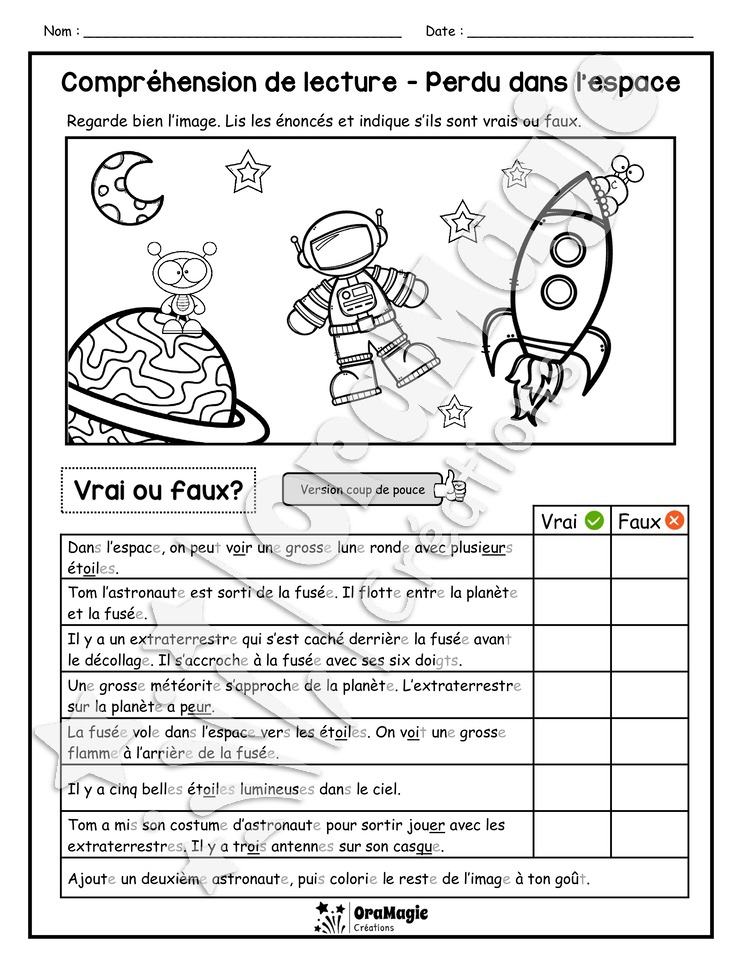 Compréhension de lecture - VRAI OU FAUX - Perdu dans l'espace
