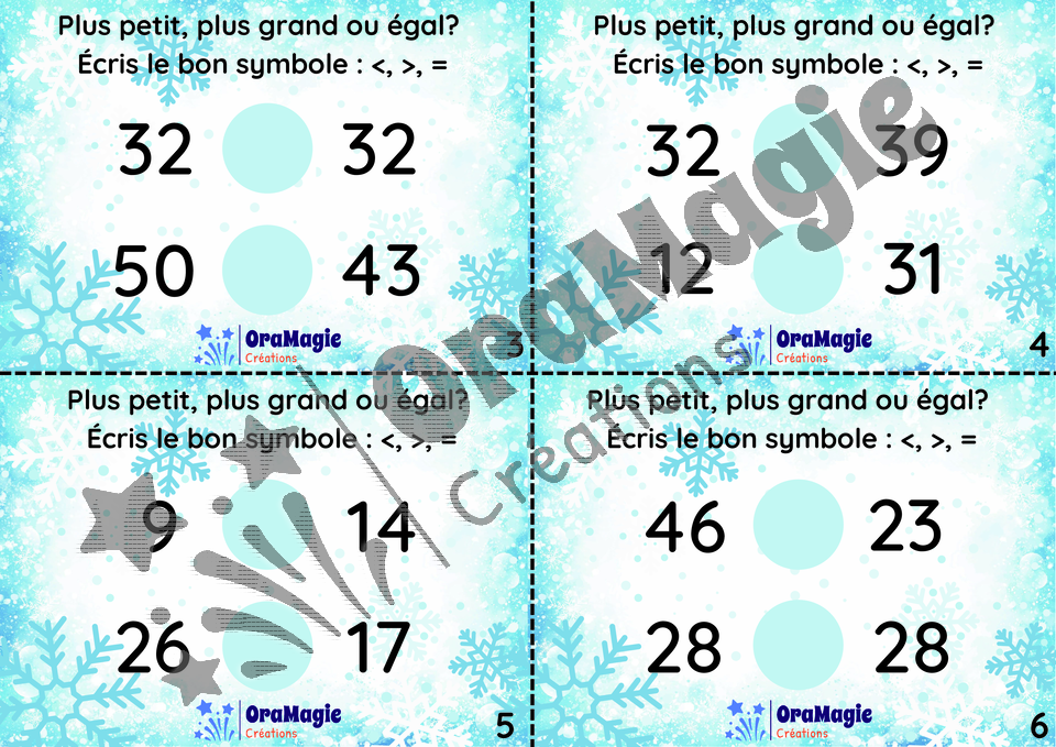 Cartes à tâches - Plus petit - plus grand - égal - 0-50