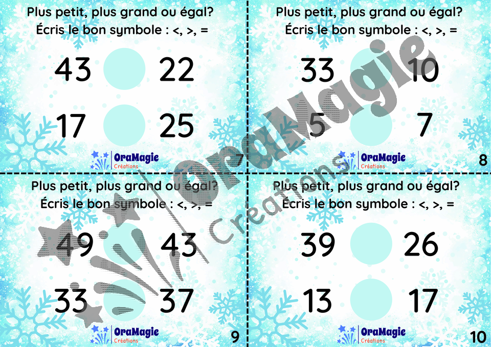 Cartes à tâches - Plus petit - plus grand - égal - 0-50