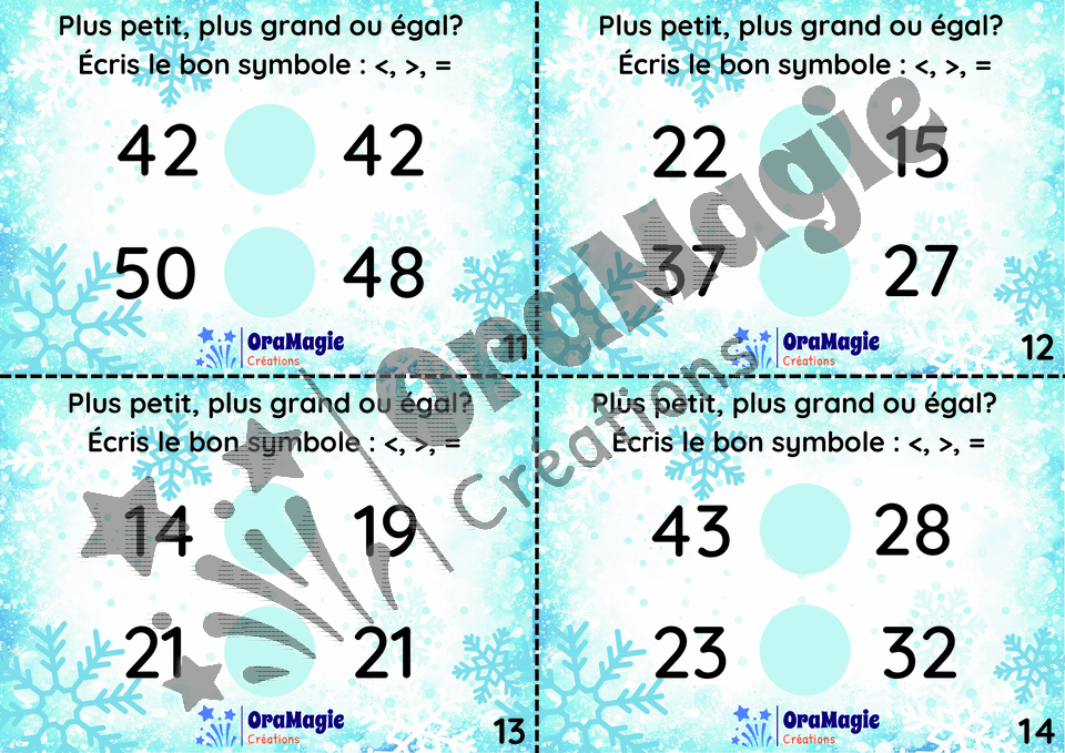 Cartes à tâches - Plus petit - plus grand - égal - 0-50