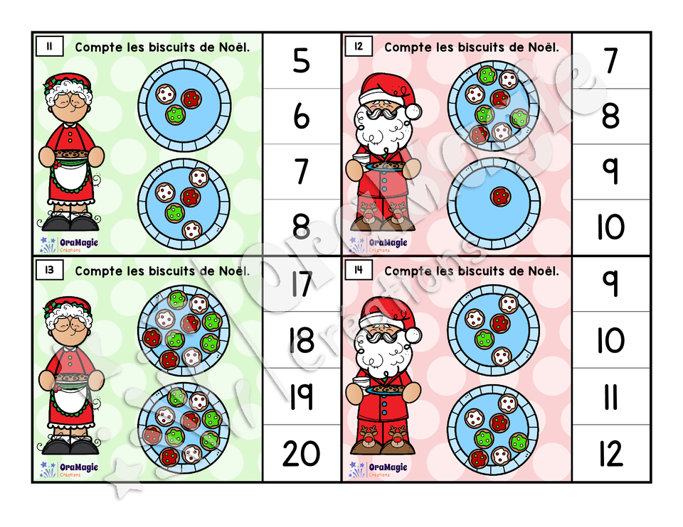 Cartes à tâches - Biscuits de Noël - Dénombrement 1-20