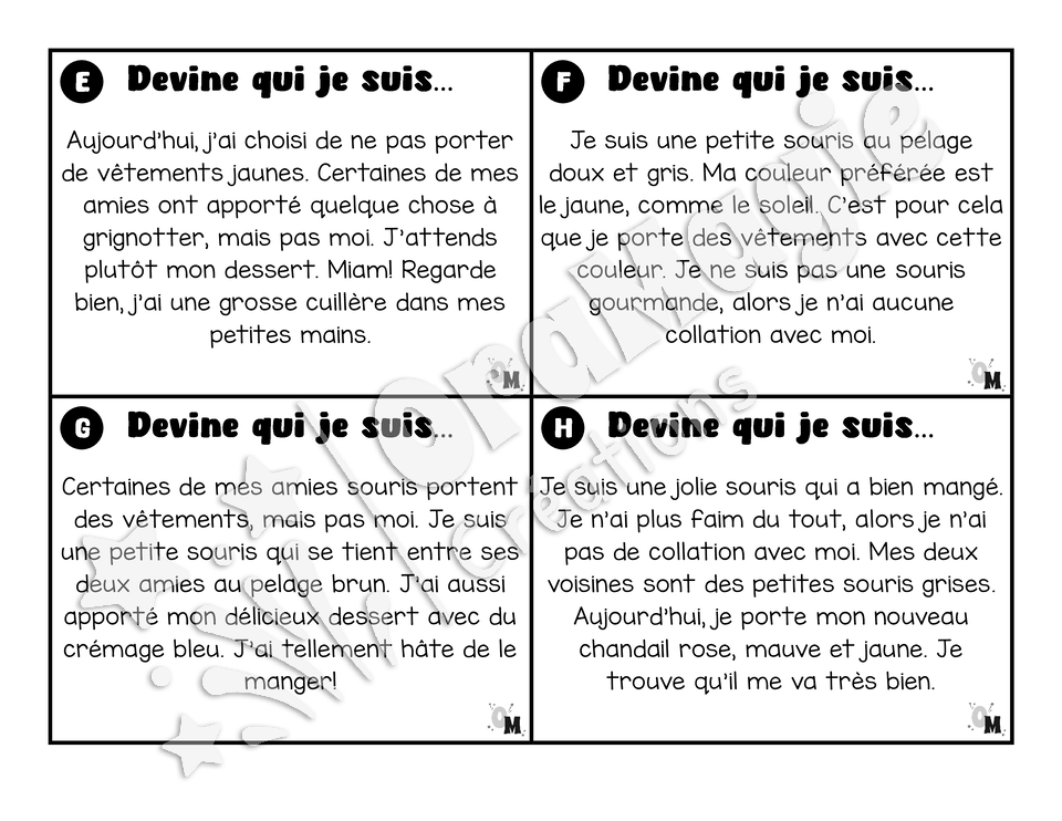 Compréhension de lecture - Les jolies souris - Devine qui je suis - 2e année
