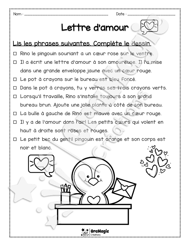 Compréhension de lecture - Lis et colorie - Lettre d'amour - 2e année.pdf