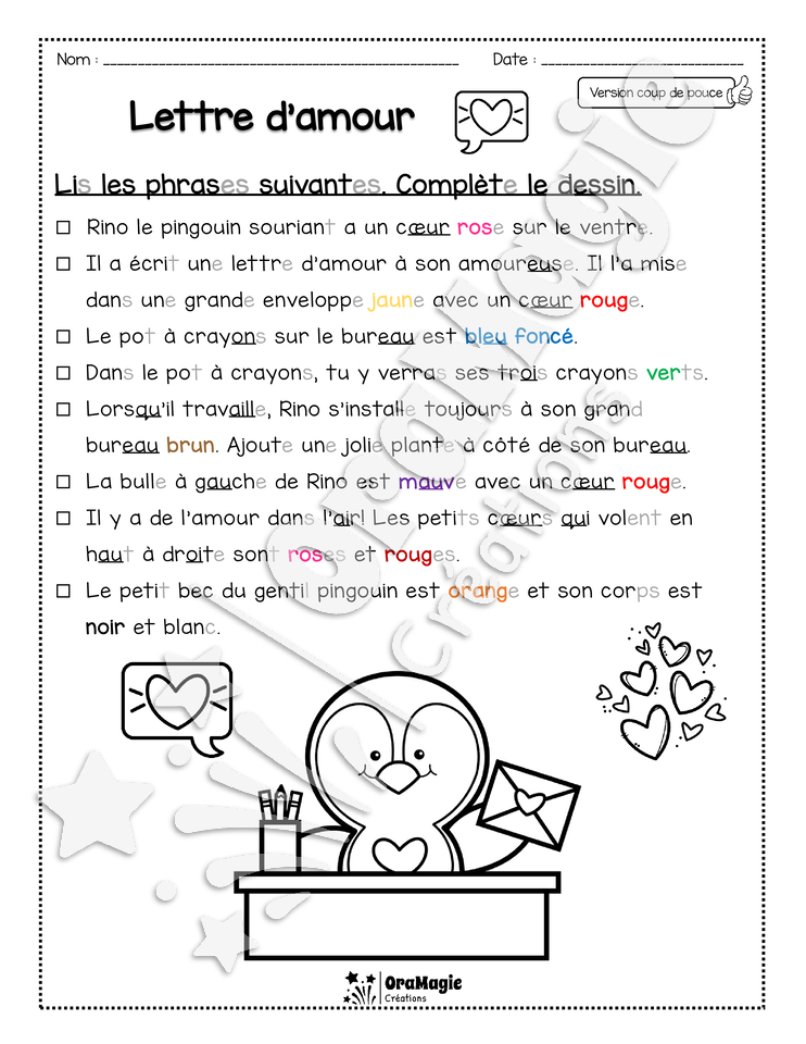 Compréhension de lecture - Lis et colorie - Lettre d'amour - 2e année