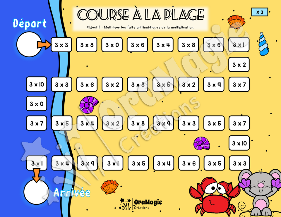 Course à la plage - Atelier sur les multiplications - Tables 0 à 12